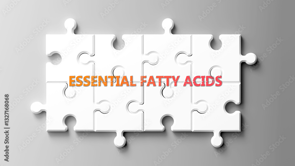 Poster Essential Fatty Acids complex like a puzzle - pictured as word essential fatty acids on a puzzle pieces to show its complexity. ,3d illustration