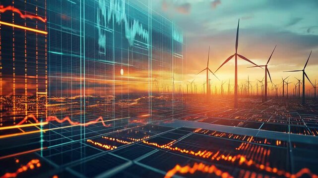 In-depth metrics of wind energy are analyzed, featuring detailed graphs that illustrate data trends against a stunning sunset backdrop at a wind farm