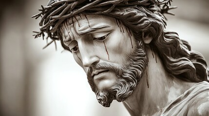 Close-up of a Weeping Jesus Christ Statue, Crown of Thorns, Sepia Tone