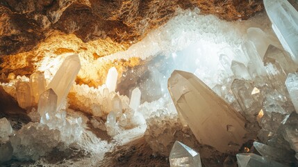 A magical crystal cave with sparkling quartz crystals hanging from the ceiling and growing from the floor.