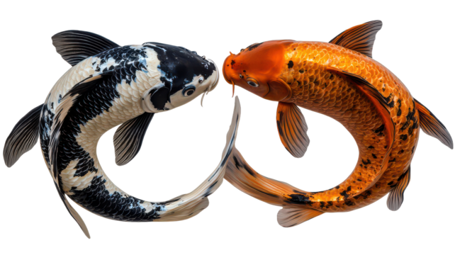 Two koi fish forming a yin and yang sign isolated on transparent background, PNG - Powered by Adobe
