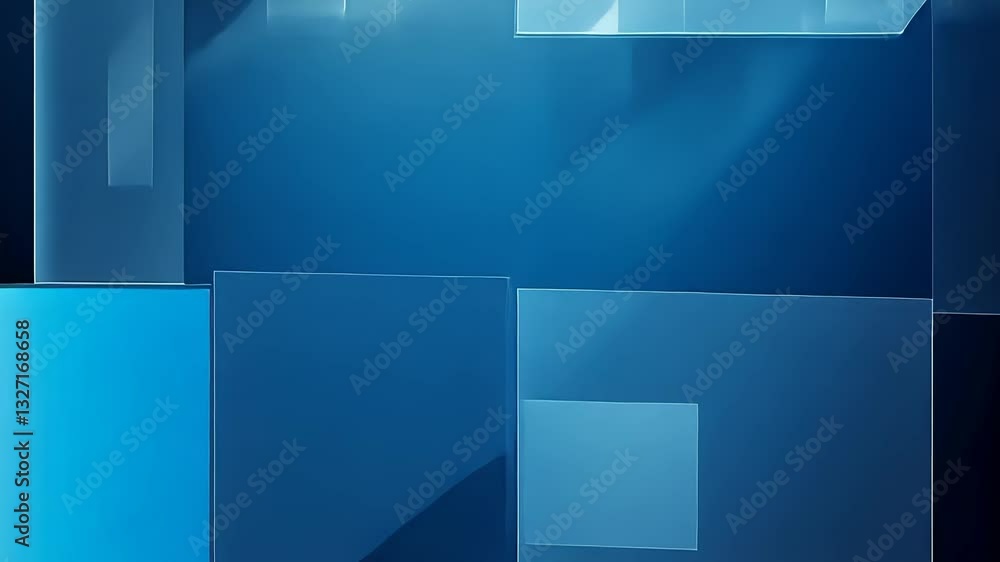 Poster abstract geometric shapes in translucent blue, dark background. layered rectangles and squares in va