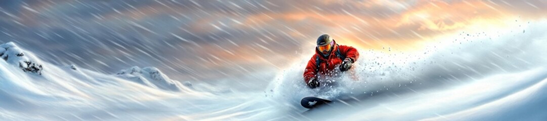 Snowboarder carving through deep powder snow winter adventure sports concept. Generative AI
