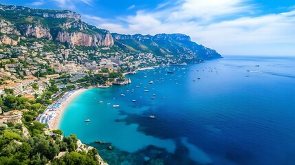 Obraz premium Stunning coastal view of a beautiful beach framed by cliffs and soft waves under a clear blue sky with gentle clouds : Generative AI