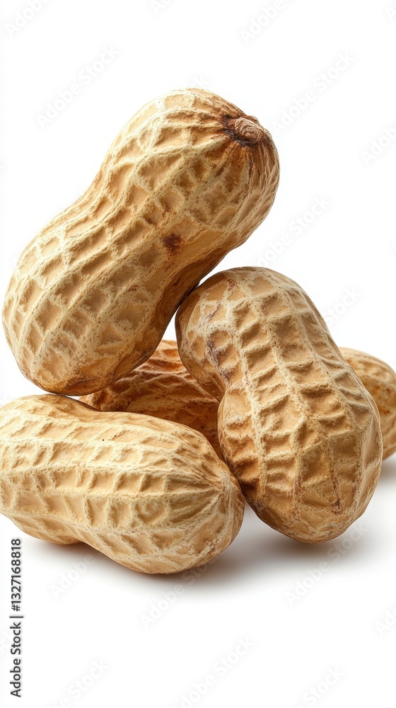 Poster close up of fresh peanuts in shells stacked on a white background studio shot with natural light for