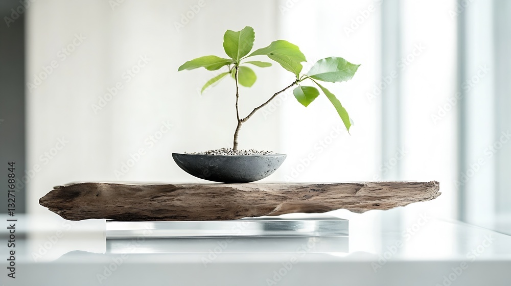 Poster minimalist bonsai tree displayed on a wooden base emphasizing the harmony between nature and modern 