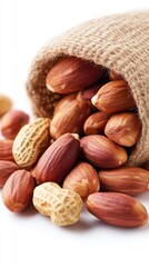 Close up of Fresh Hazelnuts and Peanuts Spilling from a Burlap Sack on White Background in Natural Light for Healthy Snack and Food Photography