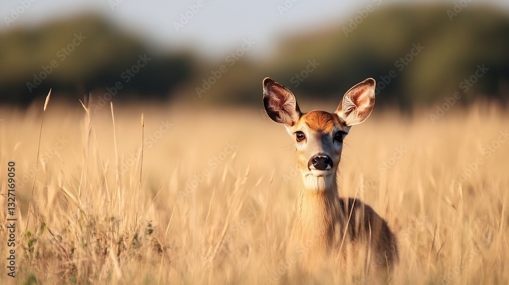 Poster curious deer standing delicately in tall grass with soft sunlight illuminating its features in a nat