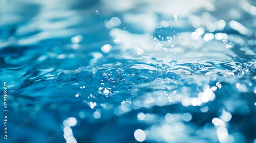 Poster crystalclear blue water with gentle ripples and bubbles reflecting light to create a shimmering text