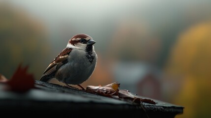 Sparrow perched on rooftop in autumnal scene