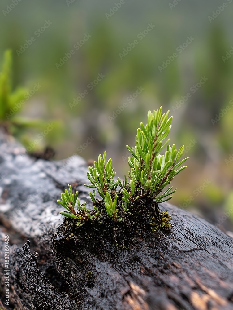 Poster New green shoots sprouting from a decaying log illustrating the cycle of life in a lush forest environment : Generative AI