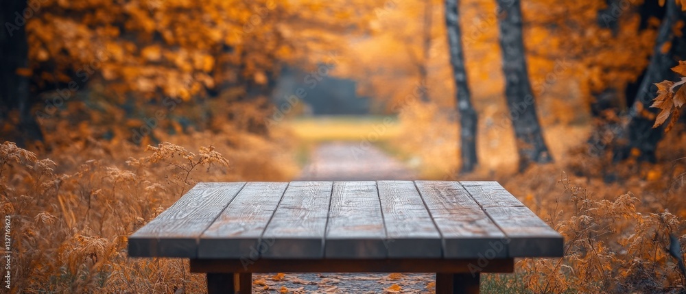 Poster rustic wooden table in an autumn forest scene with vibrant foliage and a blurred background creating
