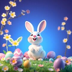 Fototapeta premium Cartoon Easter bunny with eggs and flowers. Digital illustration. Holiday theme