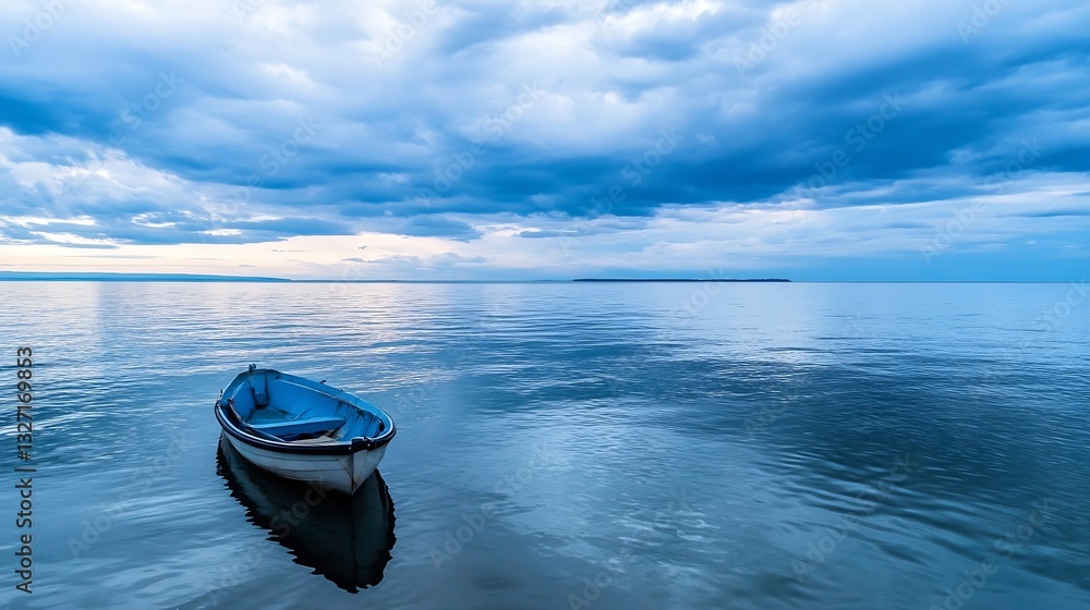 Poster tranquil boat floating peacefully on calm waters under dramatic cloudy sky during dusk : generative 