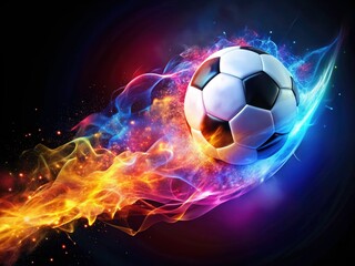 Naklejka premium Panoramic Soccer, Neon Flames, Dynamic Kick, Glowing Ball, Vibrant Energy, Colorful Trail, Sports Photography, Action Shot