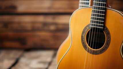 Obraz premium Closeup view of classic acoustic guitars resting against rustic wooden backdrop showcasing art and craftsmanship : Generative AI