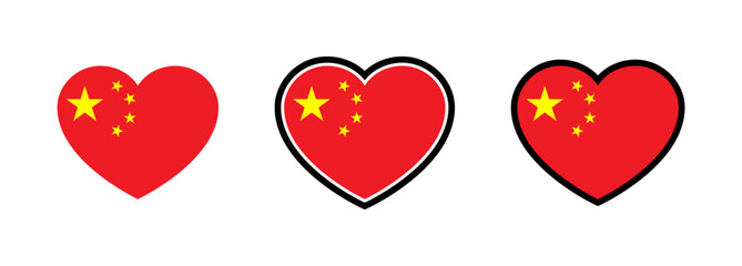 China Flag Heart. Flag of China Heart Shape. Set of Chinese Flag Hearts Vector. 