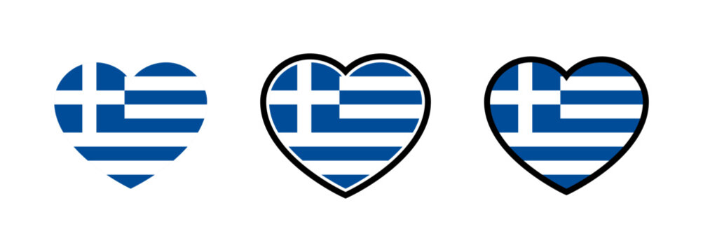 Greece Flag Heart. Flag of Greece Heart Shape. Set of Greek Flag Hearts Vector. 