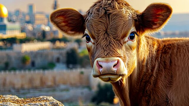 a young red Heifer looking at camera with Israel cityscape background