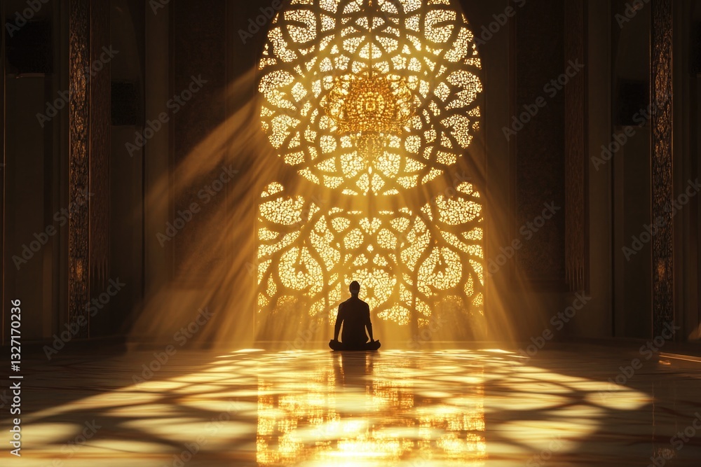 Poster a person stands in front of a colorful stained glass window, suitable for use in home decor or relig