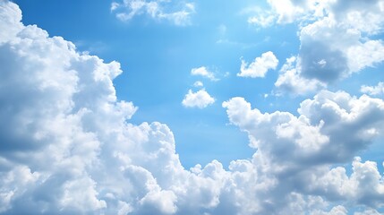 Bright sunny sky with fluffy white clouds floating gently in a serene blue atmosphere : Generative AI