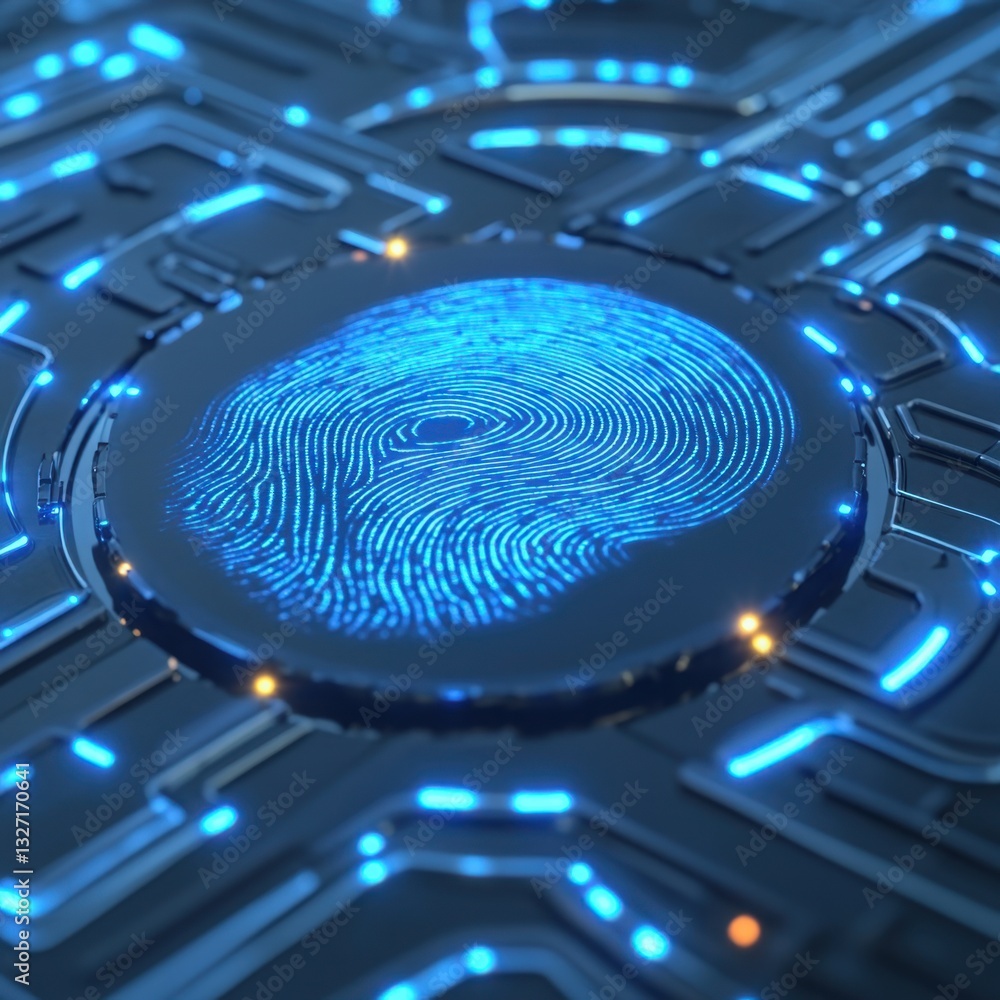 Aufkleber futuristic biometric authentication concept with glowing fingerprint on circuit board technology