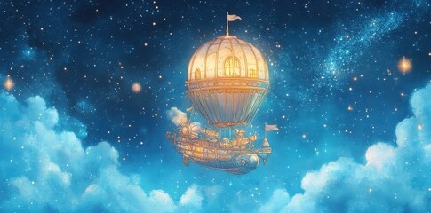 A detailed illustration of a fantastical airship in the starry night