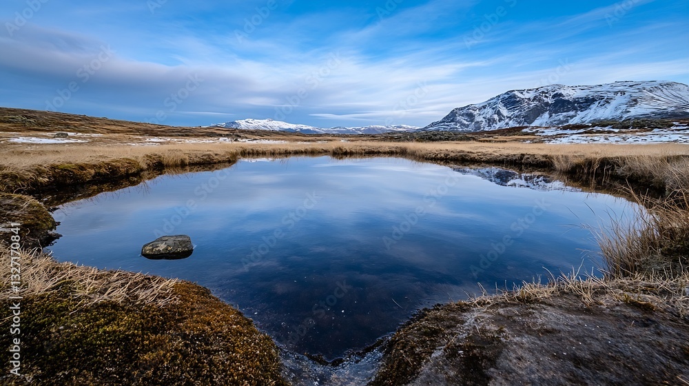 Poster stunning reflection of mountains and sky in a tranquil pond surrounded by grasslands : generative ai