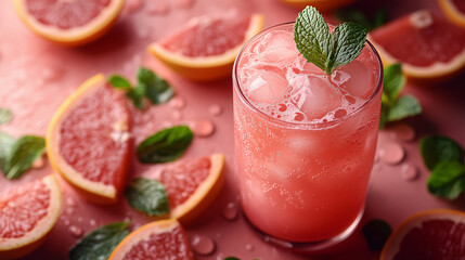 Refreshing grapefruit cocktail with mint garnish surrounded by fresh fruit slices on a vibrant pink background