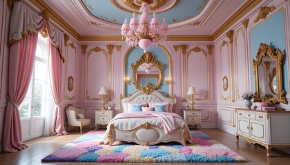 "A luxurious and whimsical bedroom with a royal, baroque-inspired design. The room features a pastel color palette of pink, blue, and gold, with intricate golden moldings on the walls and ceiling. A g