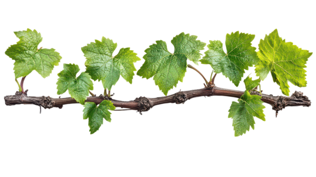 Young grape leaves vine plant branch isolated on transparent background, PNG