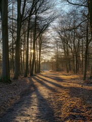 Obraz premium Woodland scene with sunlight shining through tree leaves, perfect for nature or outdoor-themed projects