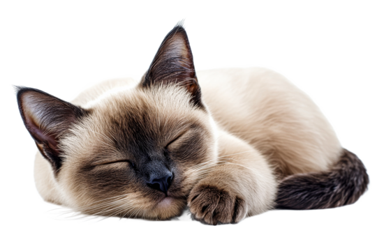 Sleeping cat with a relaxed posture on a white background