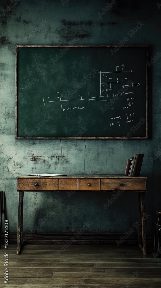 Poster a chalkboard and a desk in a room with educational settings