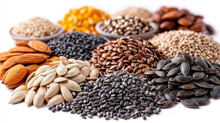 Naklejka premium Nutritious nuts and seeds isolated on a white background highlighting their health benefits for a balanced diet