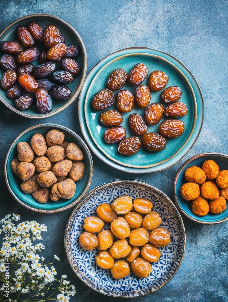 Poster a table filled with various types of dates for snacking or serving