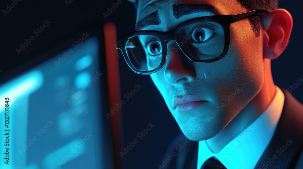 Poster a person sitting in front of a computer, looking at the screen
