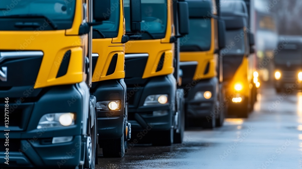 Poster fleet of heavyduty trucks on the road during dawn showcasing modern design and bright headlights ill