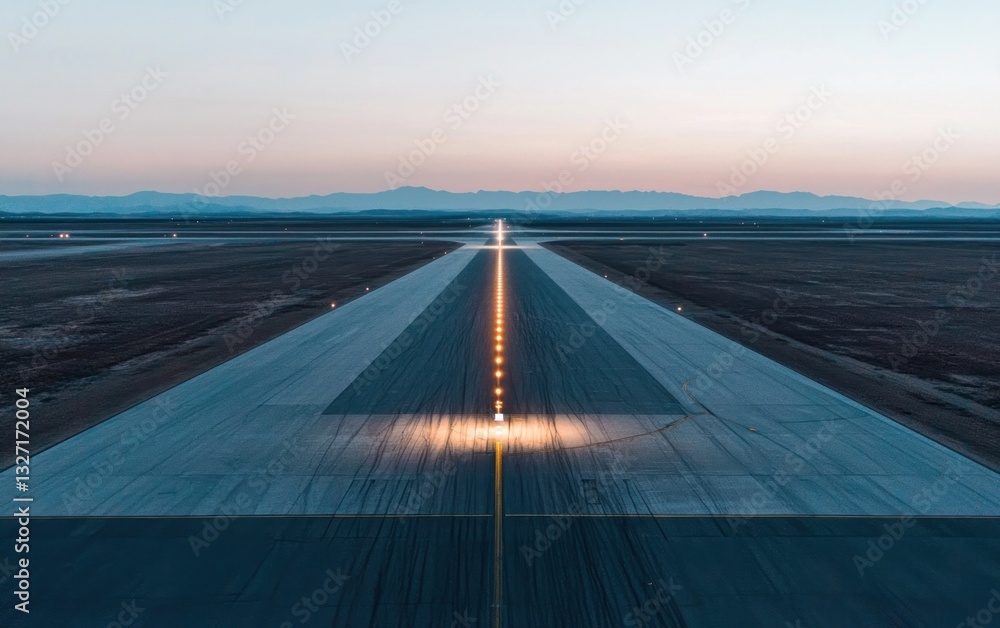 Poster aerial view of a runway at dawn or dusk. the runway lights are illuminated, extending towards a dist