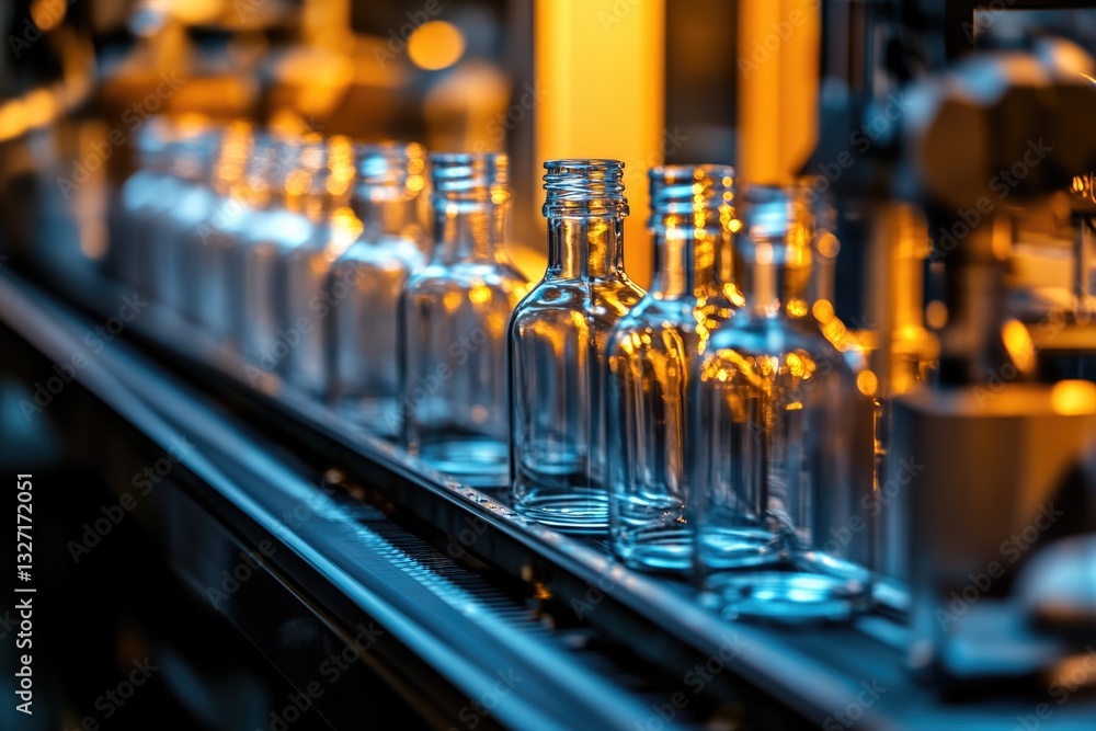 Poster A row of empty glass bottles being transported on a conveyor belt