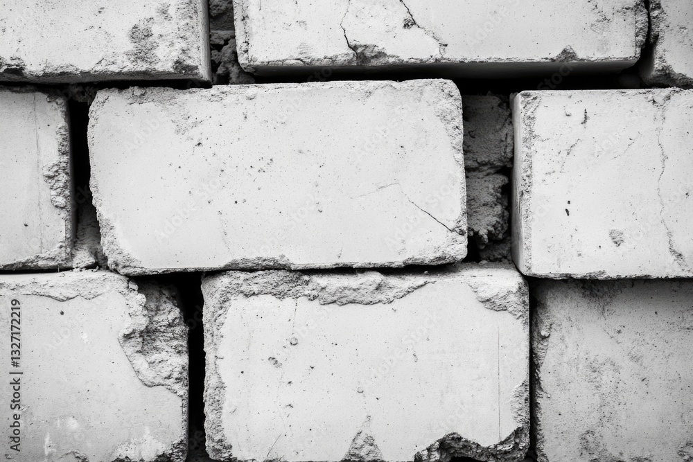 Poster a close-up shot of a stack of bricks, in monochrome