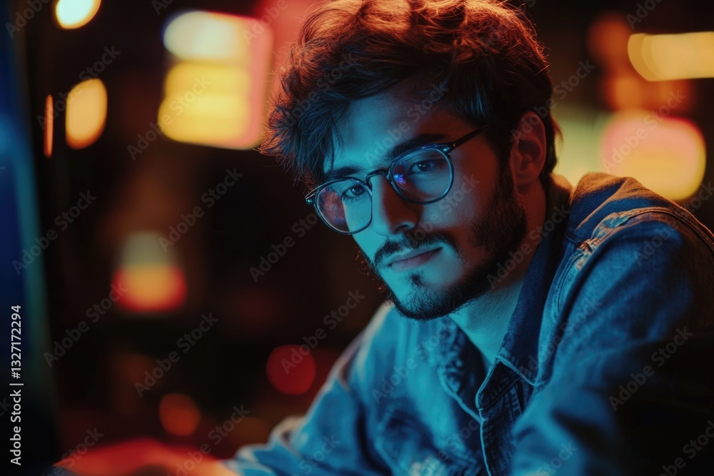 Poster a person wearing glasses sits in front of a computer, possibly working or browsing online