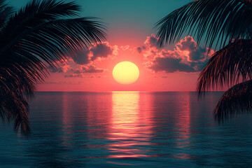 stunning sunset over ocean with silhouettes of palm trees