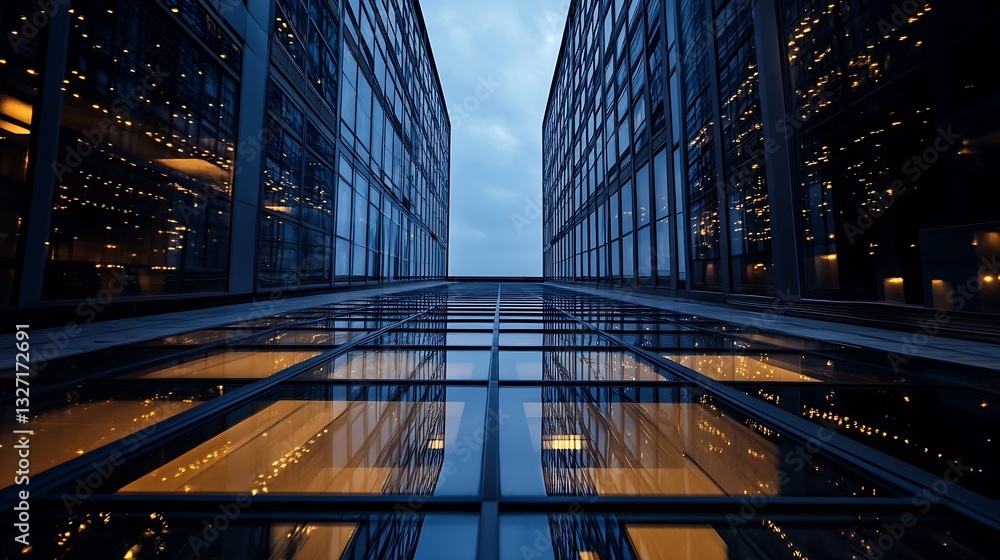 Aufkleber Looking up at a modern office building with illuminated windows reflecting another structure : Generative AI