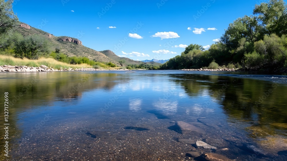 Poster clear reflections on a calm river surrounded by lush green landscape : generative ai