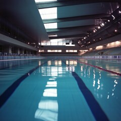 Fototapeta premium Indoor olympic swimming pool with clean blue water and reflection
