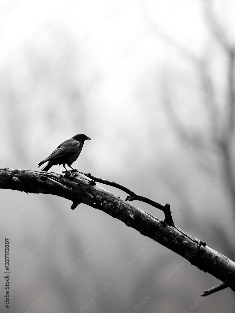 Poster silhouette of a solitary bird perched on a branch against a foggy background conveying a sense of pe