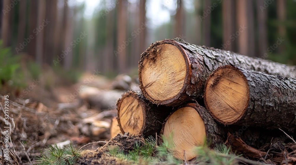 Poster Closeup view of cut logs stacked amidst forest setting showcasing natural textures : Generative AI