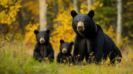 Fototapeta premium Majestic Black Bear Family in Alberta's Wilderness: A Beautiful Sight of American Wildlife and Baby Bears in the Wild