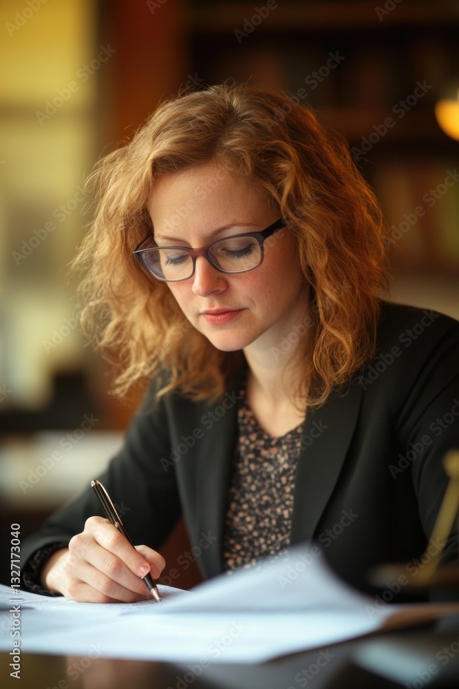 Poster a person sitting at a table with a pen and paper, focused on writing
